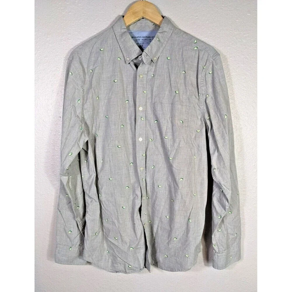 BANANA REPUBLIC Luxe Poplin Slim Fit Buttons Gray Lime Print Shirt Men's Sz L 59